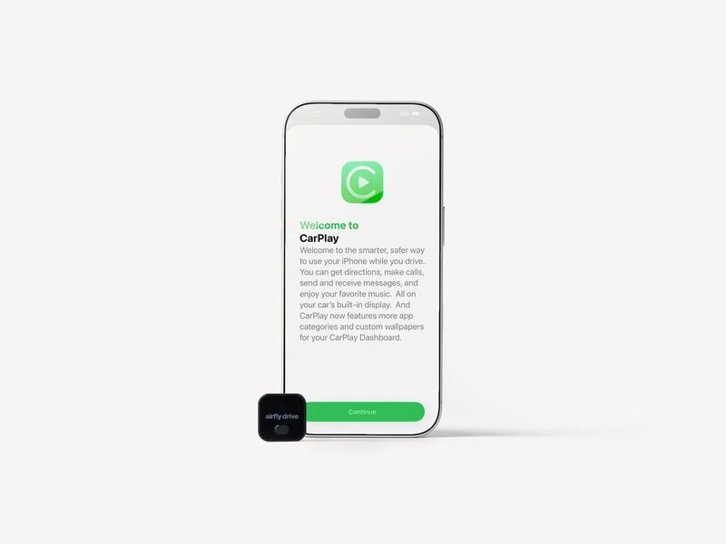 AirFly Drive next to an iPhone showing the CarPlay welcome screen